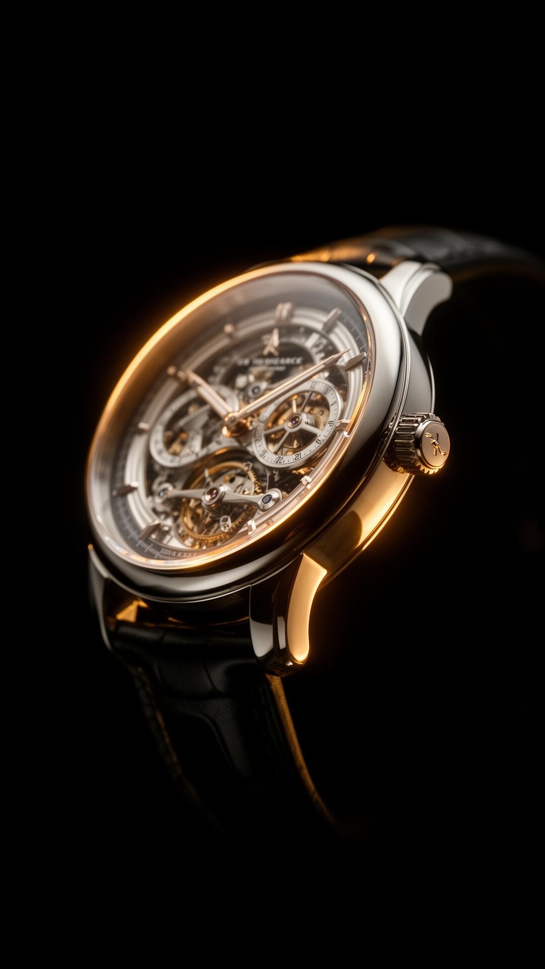 Macro detail of an open-worked mechanical luxury wristwatch